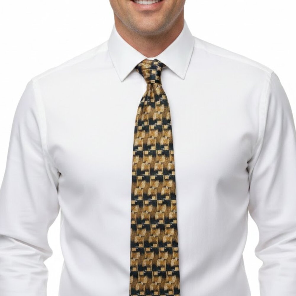 J.Z. Richards Silk Tie Gold Navy Blue Geometric Abstract Woven Hand Crafted USA